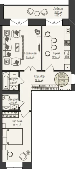 2-комнатная 66 м2 в ЖК Звездный корпус null этаж 6