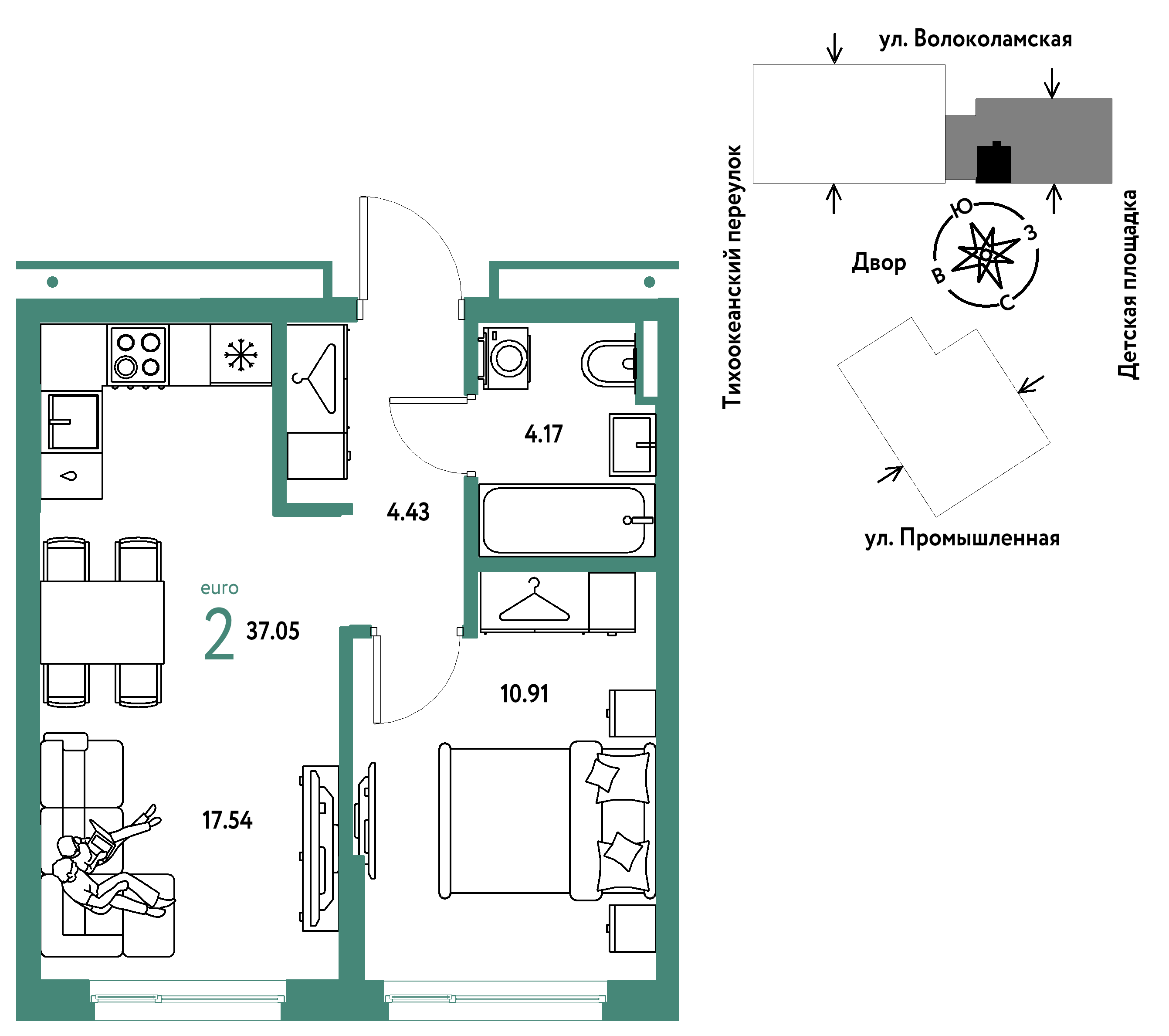 2-комнатная 37 м2 в ЖК Страна.Прибрежная корпус null этаж 11