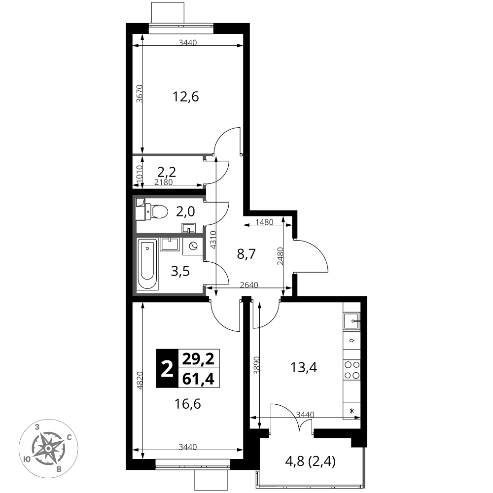 2-комнатная 61 м2 в ЖК 1-й Южный корпус null этаж 16