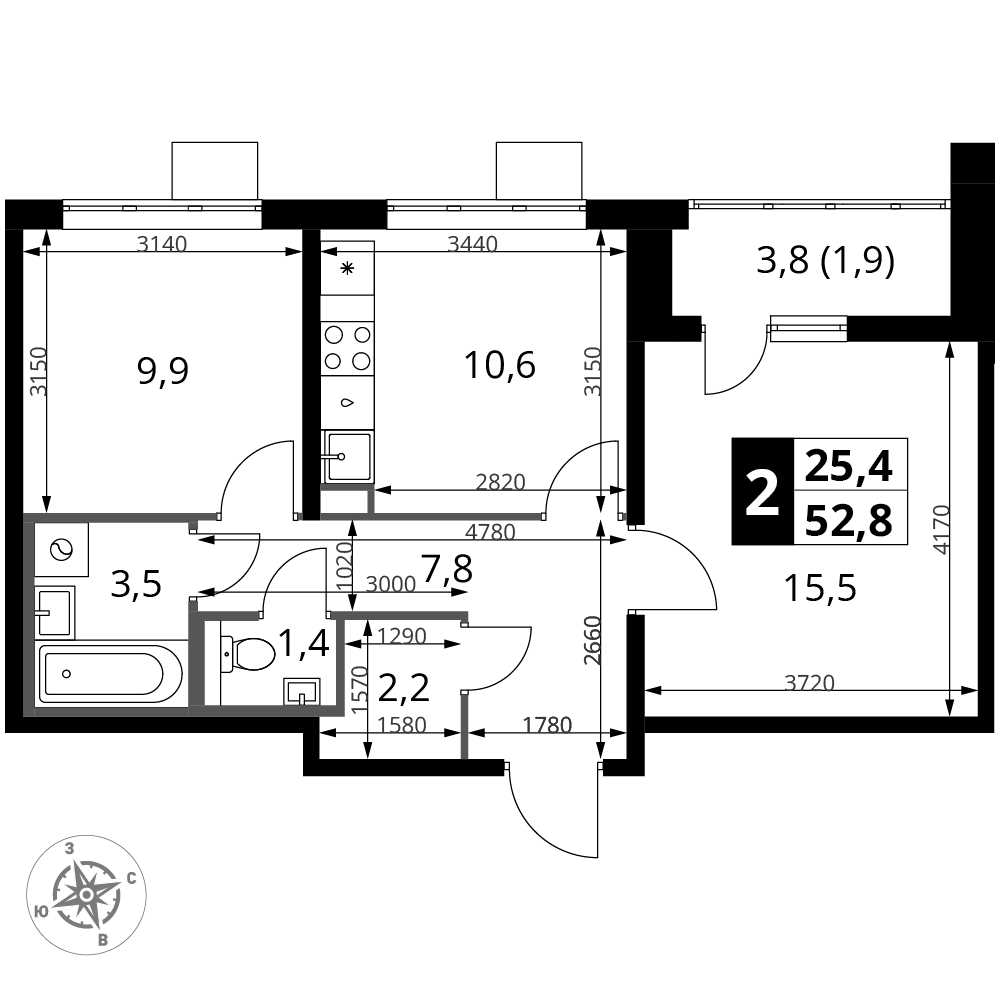 2-комнатная 52 м2 в ЖК 1-й Южный корпус null этаж 18