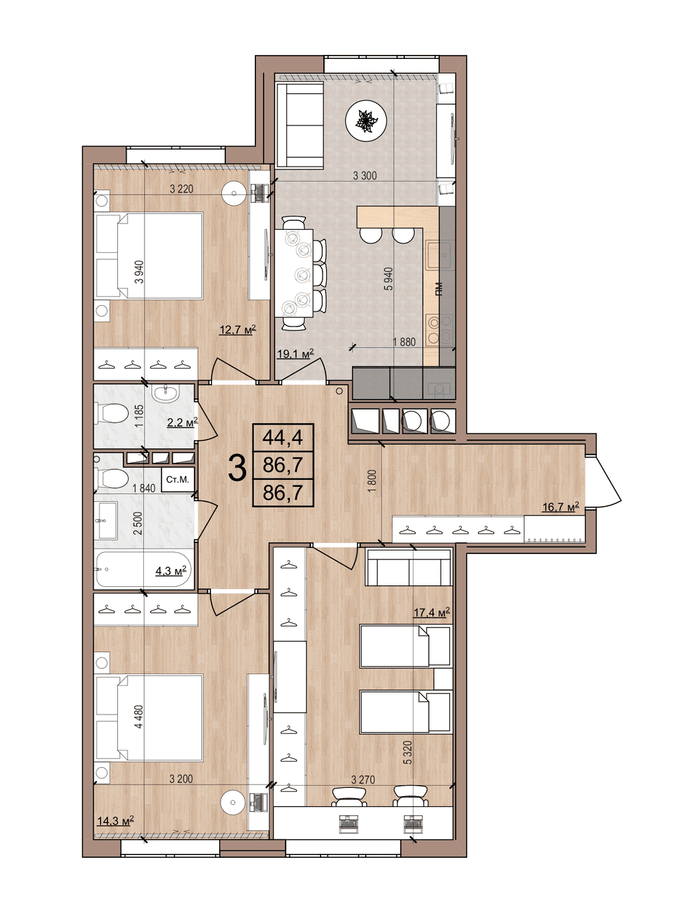 3-комнатная 86 м2 в ЖК Skyline-2 корпус null этаж 5