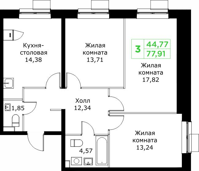3-комнатная 77 м2 в ЖК Кит корпус null этаж 15