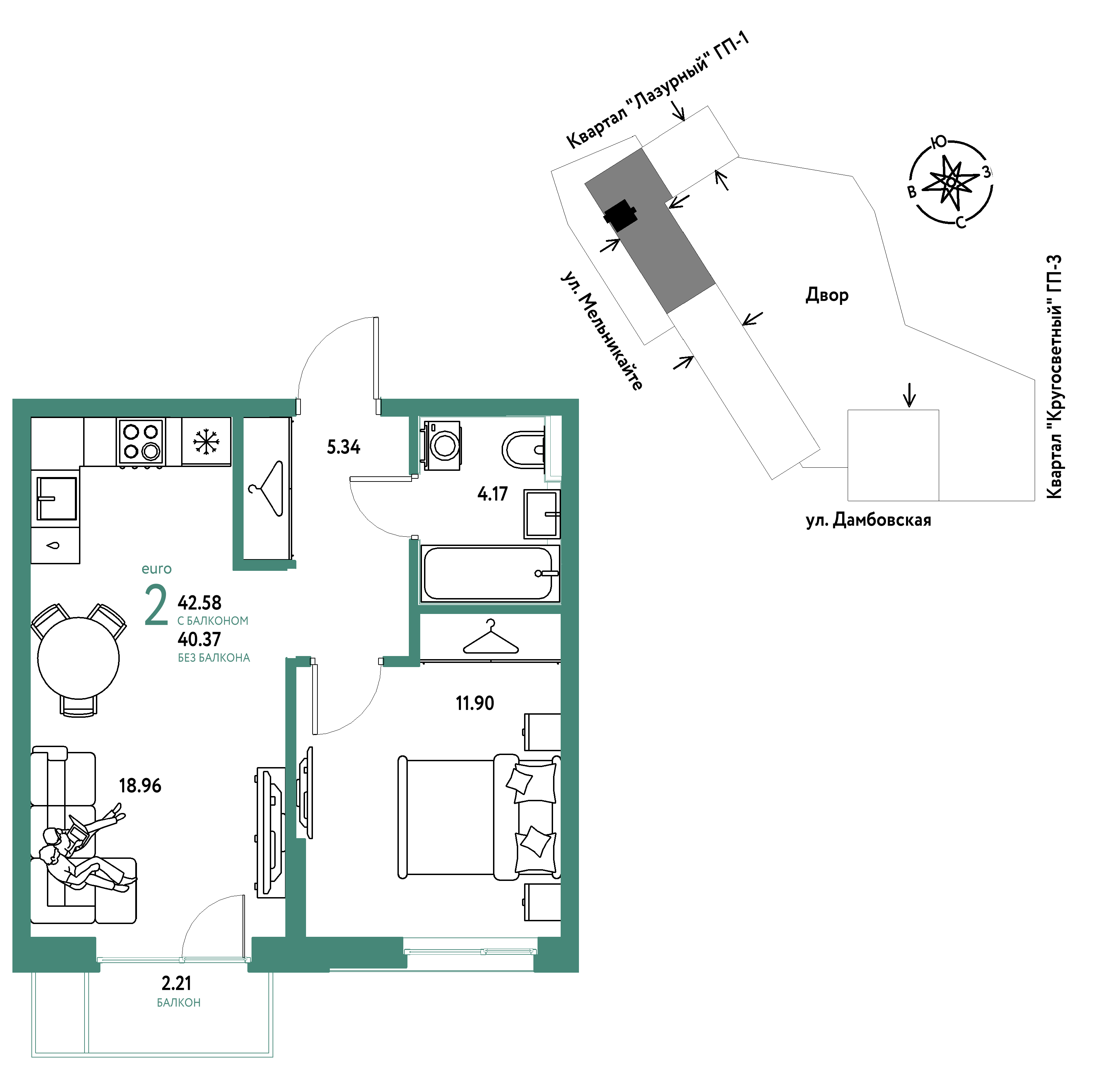 2-комнатная 42 м2 в ЖК Страна.Прибрежная корпус null этаж 6