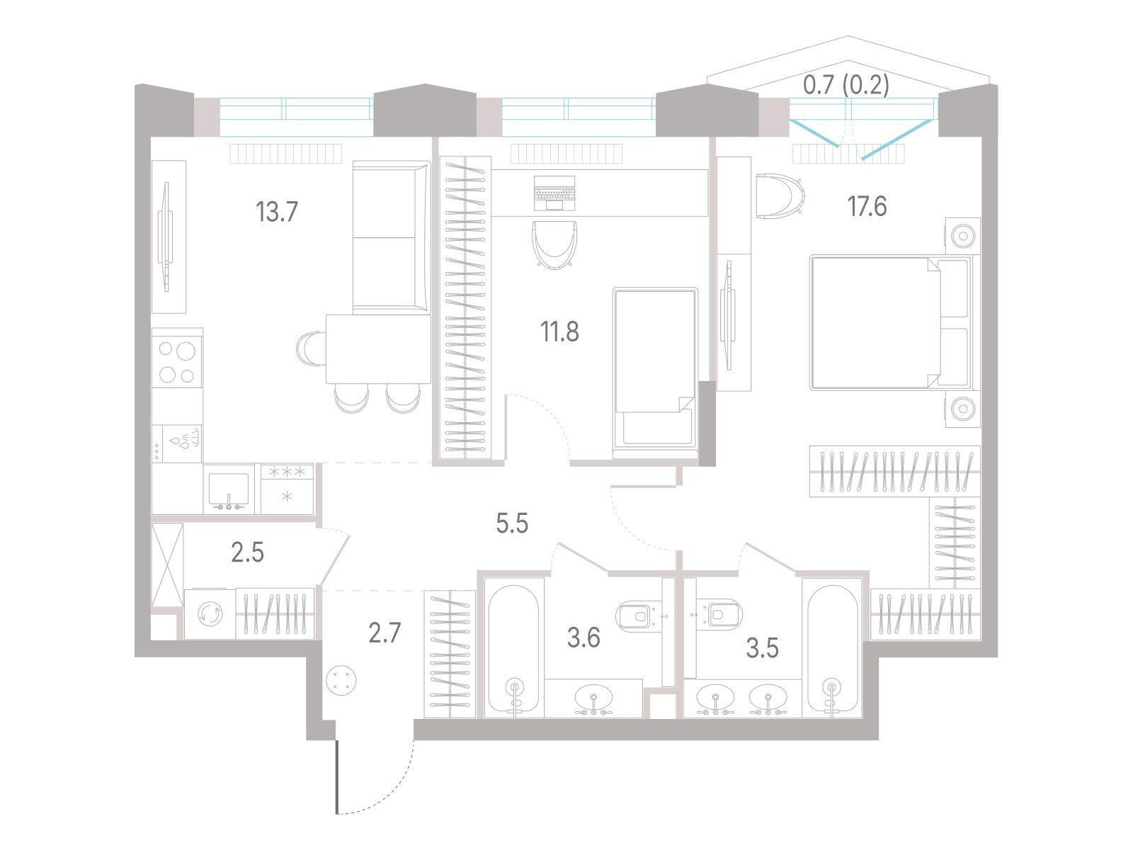 2-комнатная 61 м2 в ЖК КОД Сокольники корпус null этаж 5