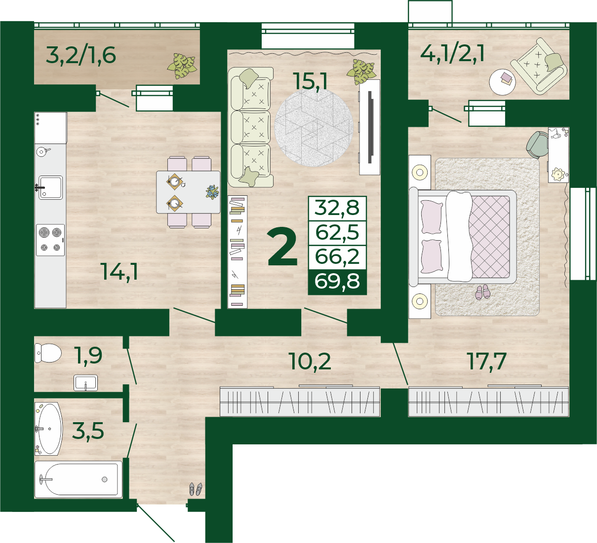 2-комнатная 62 м2 в ЖК Уют-Парк корпус null этаж 14