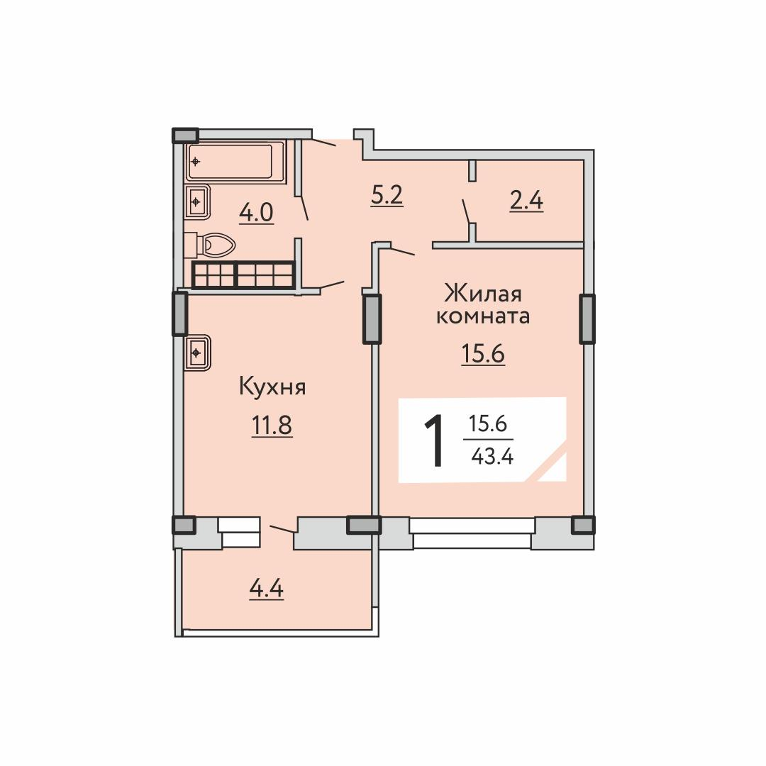 1-комнатная 43 м2 в ЖК Агат корпус null этаж 3