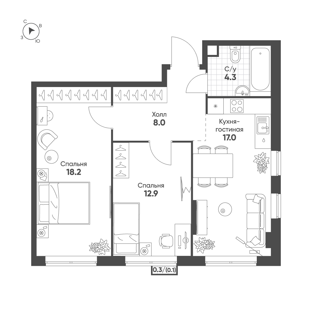 2-комнатная 60 м2 в ЖК Sokolinn Park корпус null этаж 10