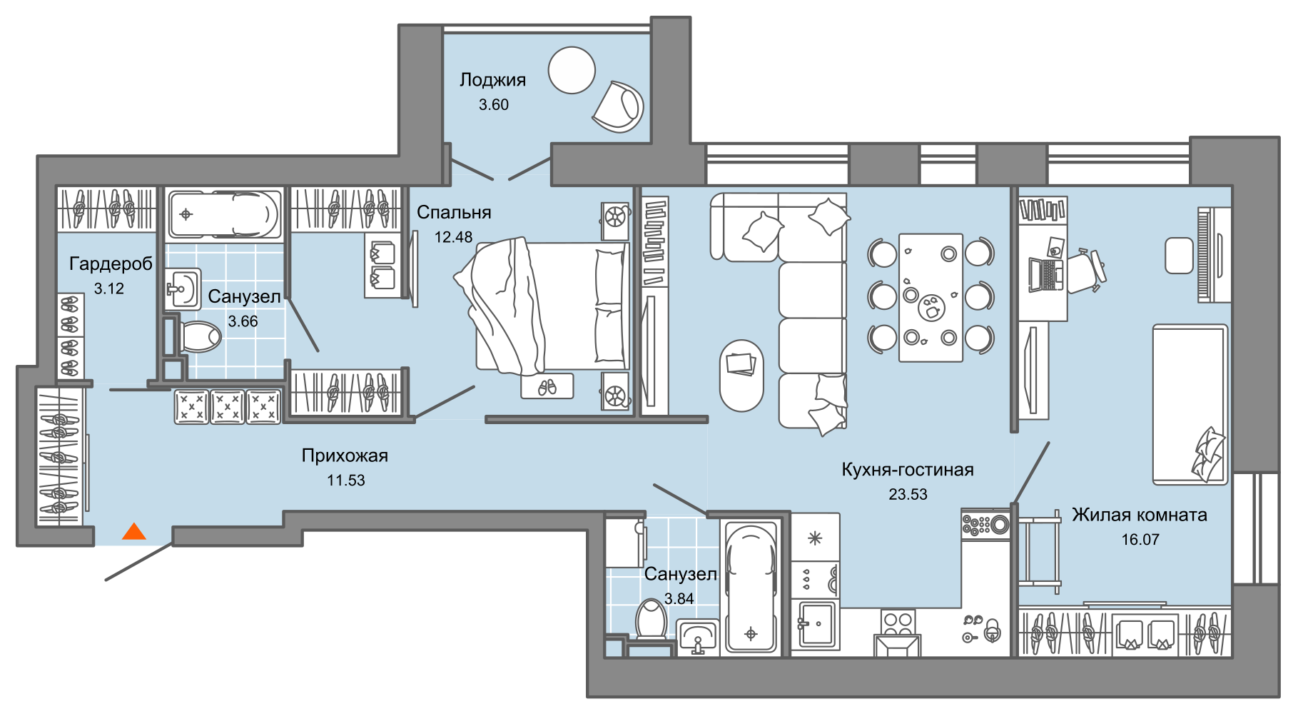 3-комнатная 76 м2 в ЖК Зарядное корпус null этаж 7