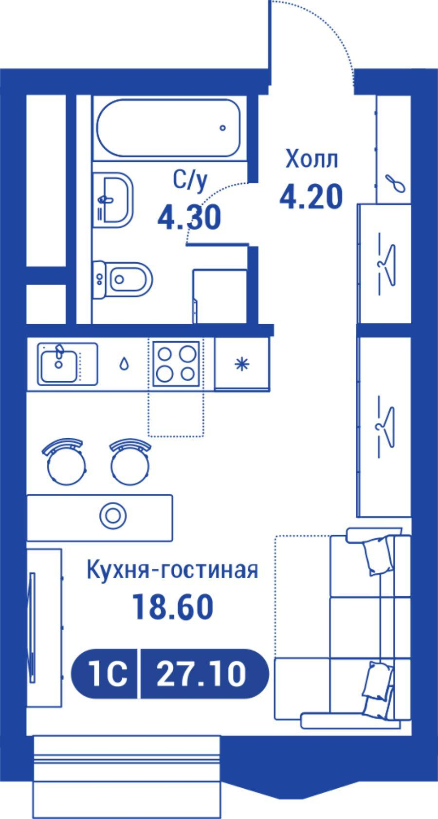 1-комнатная 28 м2 в ЖК iLove корпус null этаж 15
