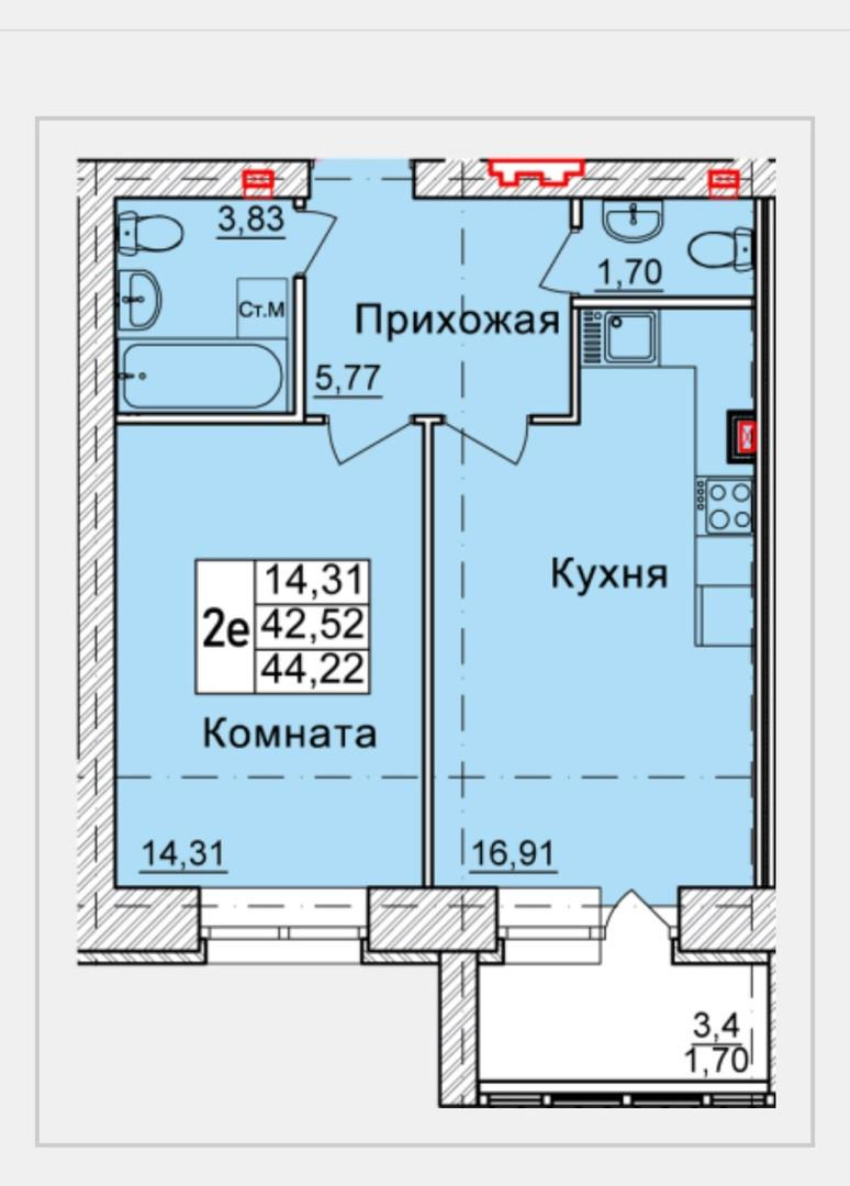 2-комнатная 44.2 м2 в ЖК undefined корпус null этаж 1