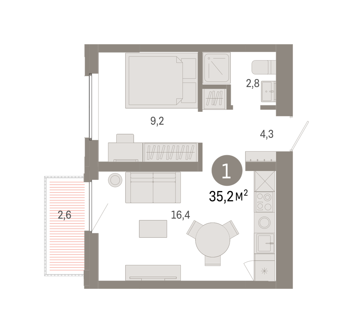 1-комнатная 35 м2 в ЖК Зарека корпус null этаж 9
