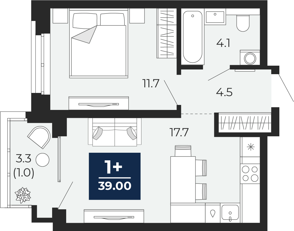 1-комнатная 38 м2 в ЖК Мириады корпус null этаж 6