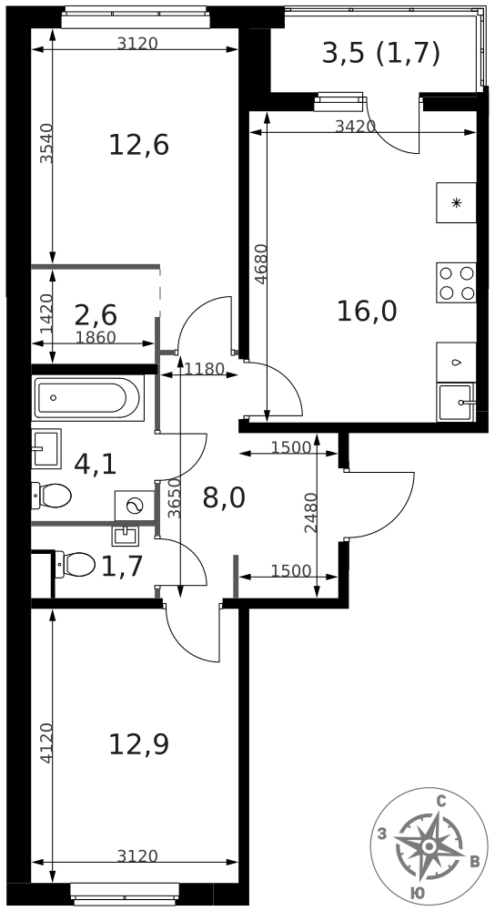 2-комнатная 59 м2 в ЖК 1-й Ясеневский корпус null этаж 2