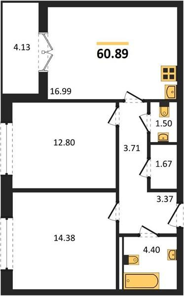 2-комнатная 60.9 м2 в ЖК undefined корпус null этаж 11