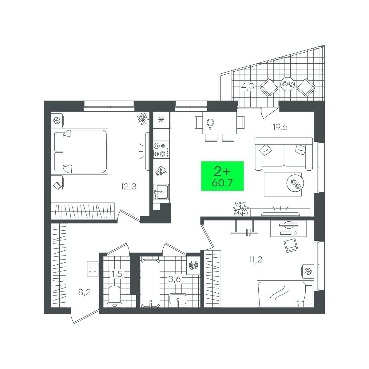 2-комнатная 60 м2 в ЖК Сезоны корпус null этаж 5