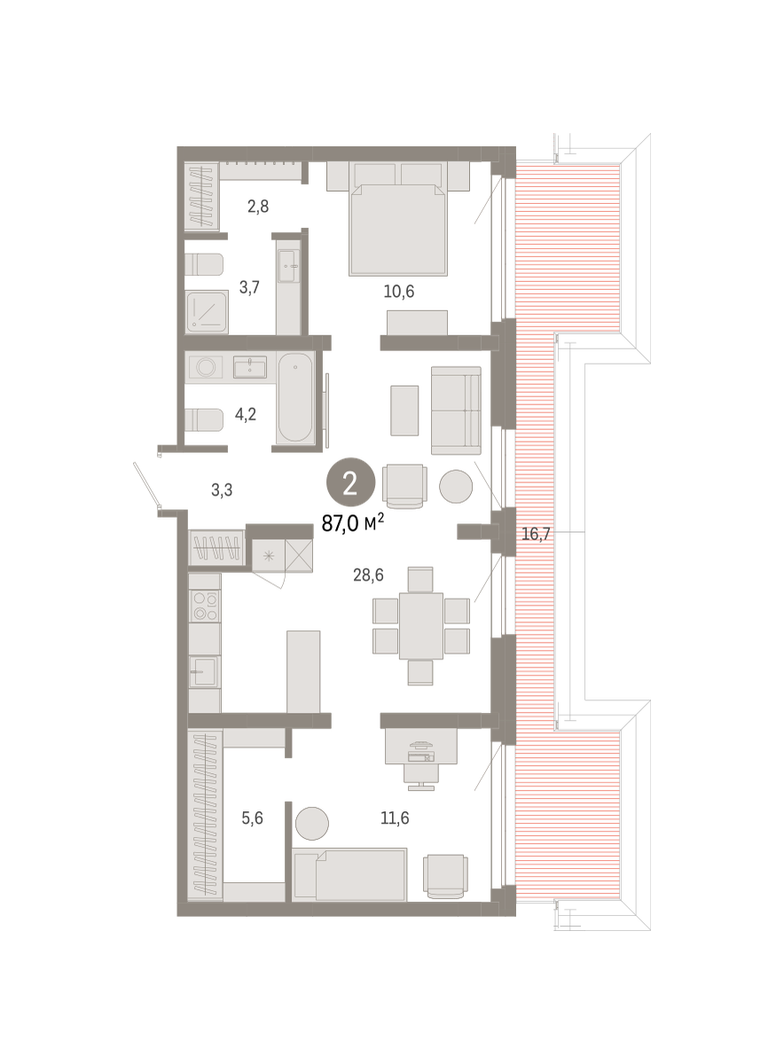 2-комнатная 86 м2 в ЖК Квартал Нефть корпус null этаж 9