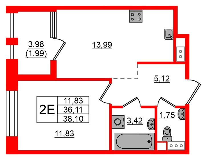 1-комнатная 38 м2 в ЖК Знатный корпус null этаж 5