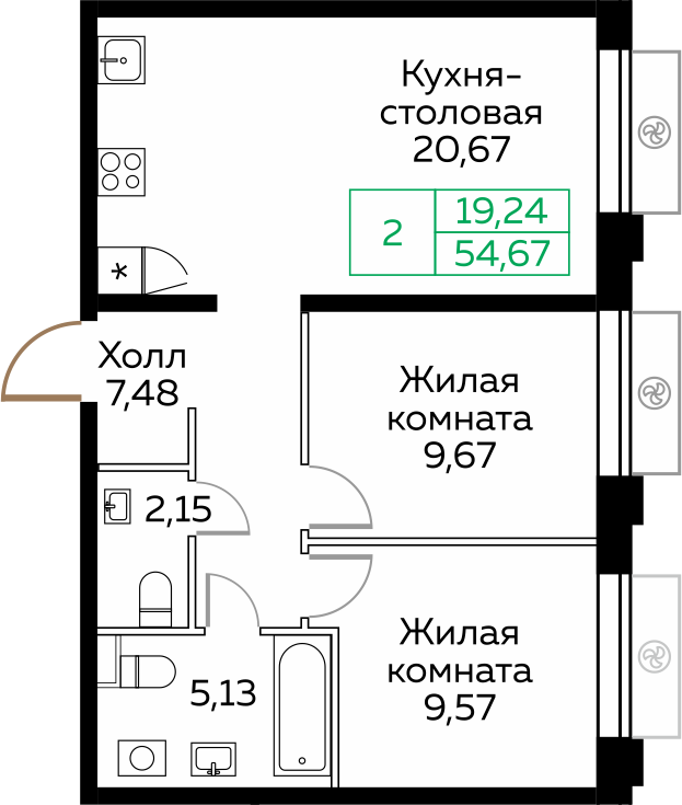 2-комнатная 54 м2 в ЖК Кит корпус null этаж 10