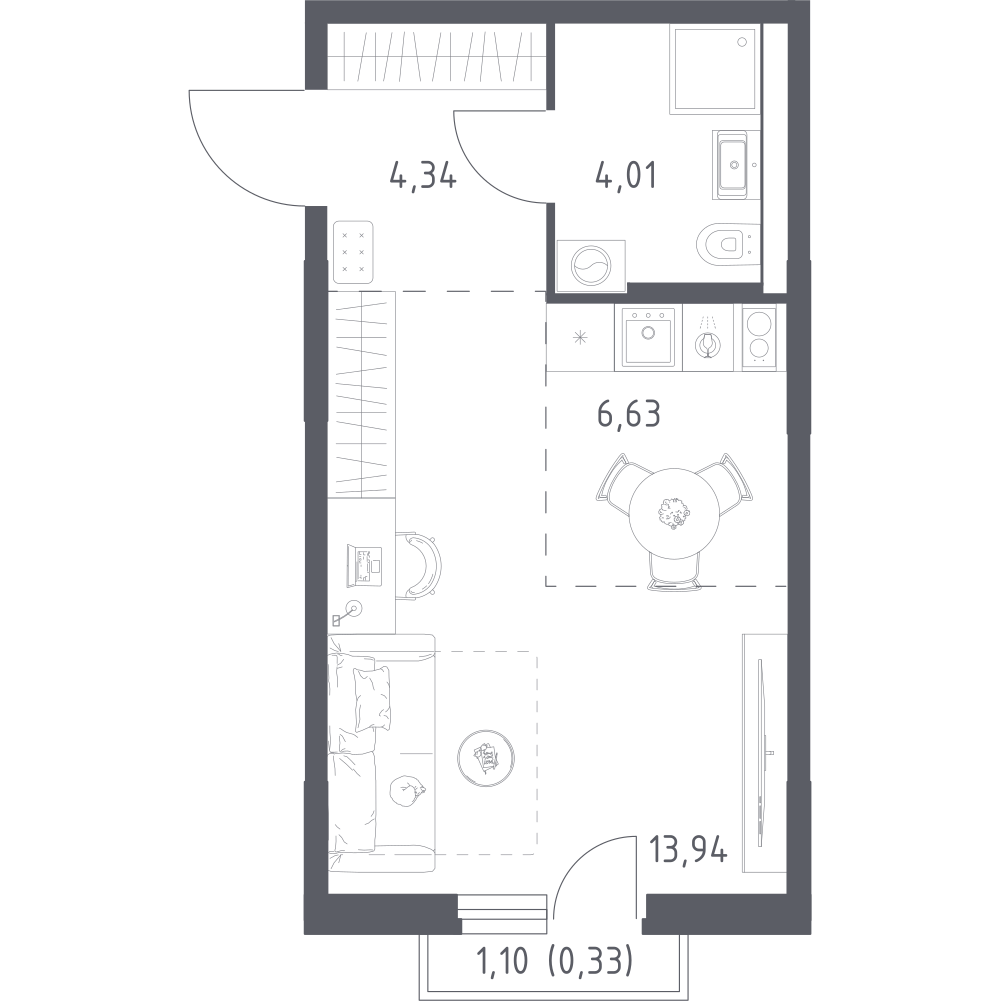 1-комнатная 29 м2 в ЖК Урбан Тау корпус null этаж 6