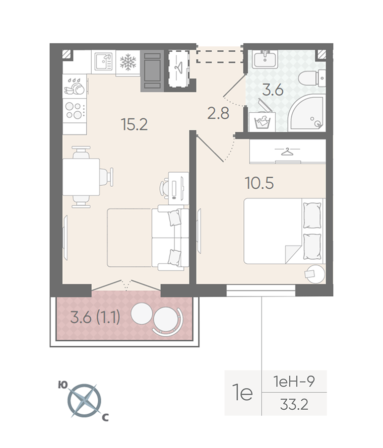 1-комнатная 33 м2 в ЖК Пейзажный квартал корпус null этаж 21