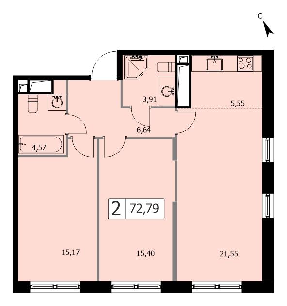 2-комнатная 72 м2 в ЖК Self корпус null этаж 8