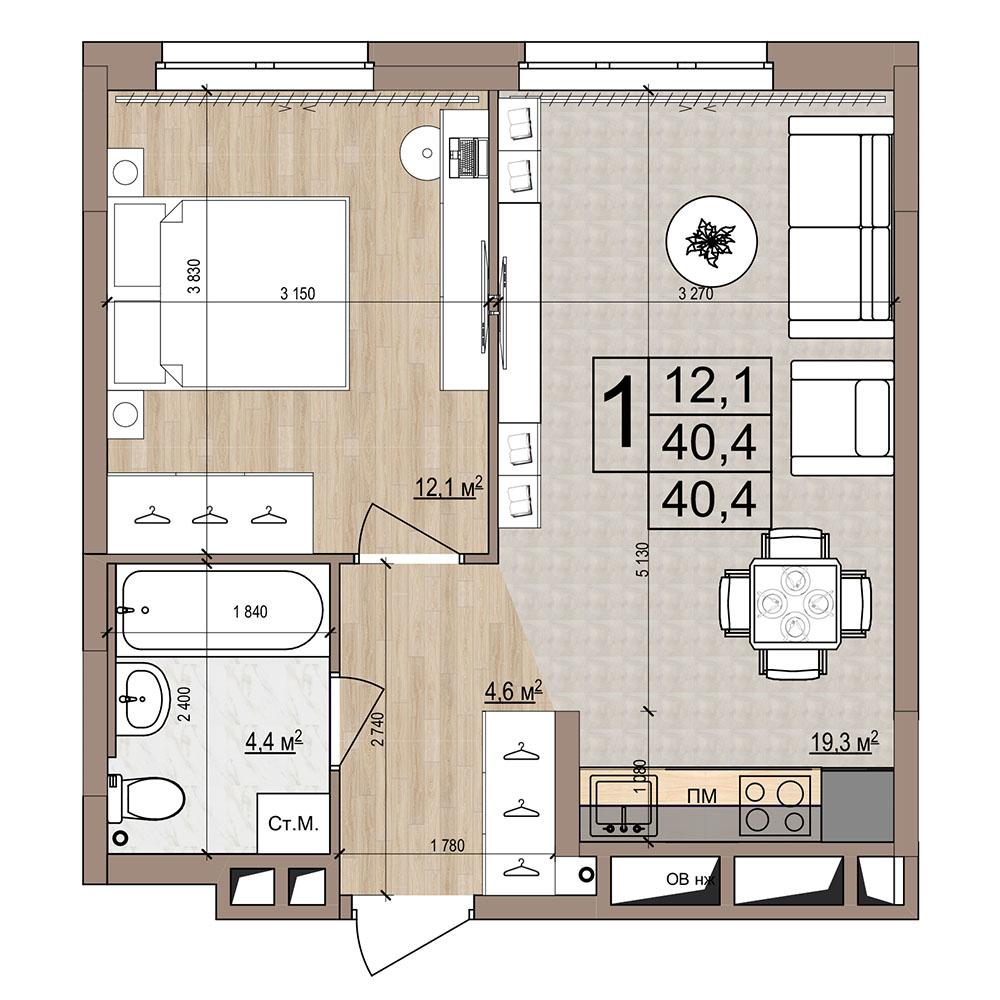 1-комнатная 40 м2 в ЖК Гранд Комфорт-2 корпус null этаж 4