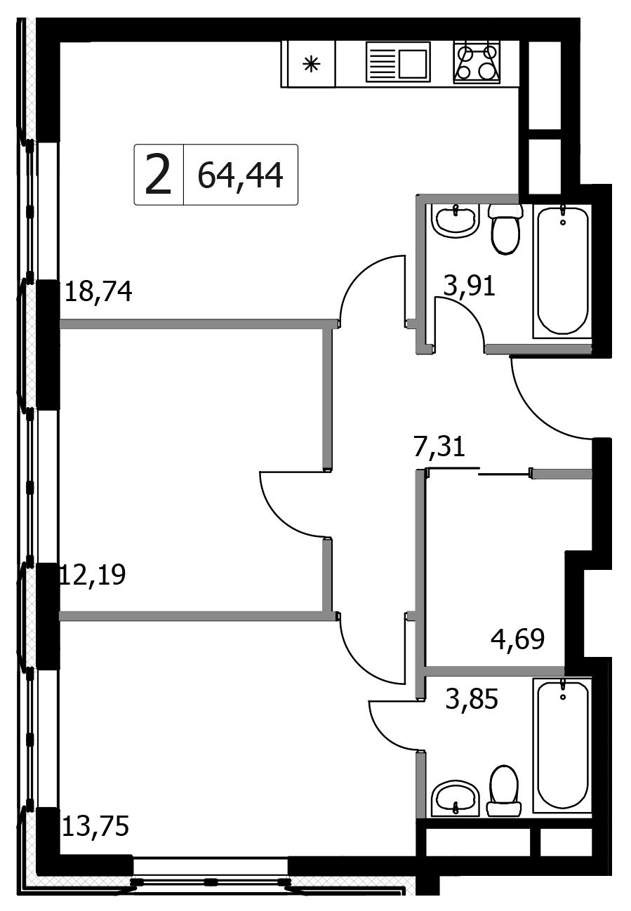 2-комнатная 64 м2 в ЖК Городские Истории корпус null этаж 15