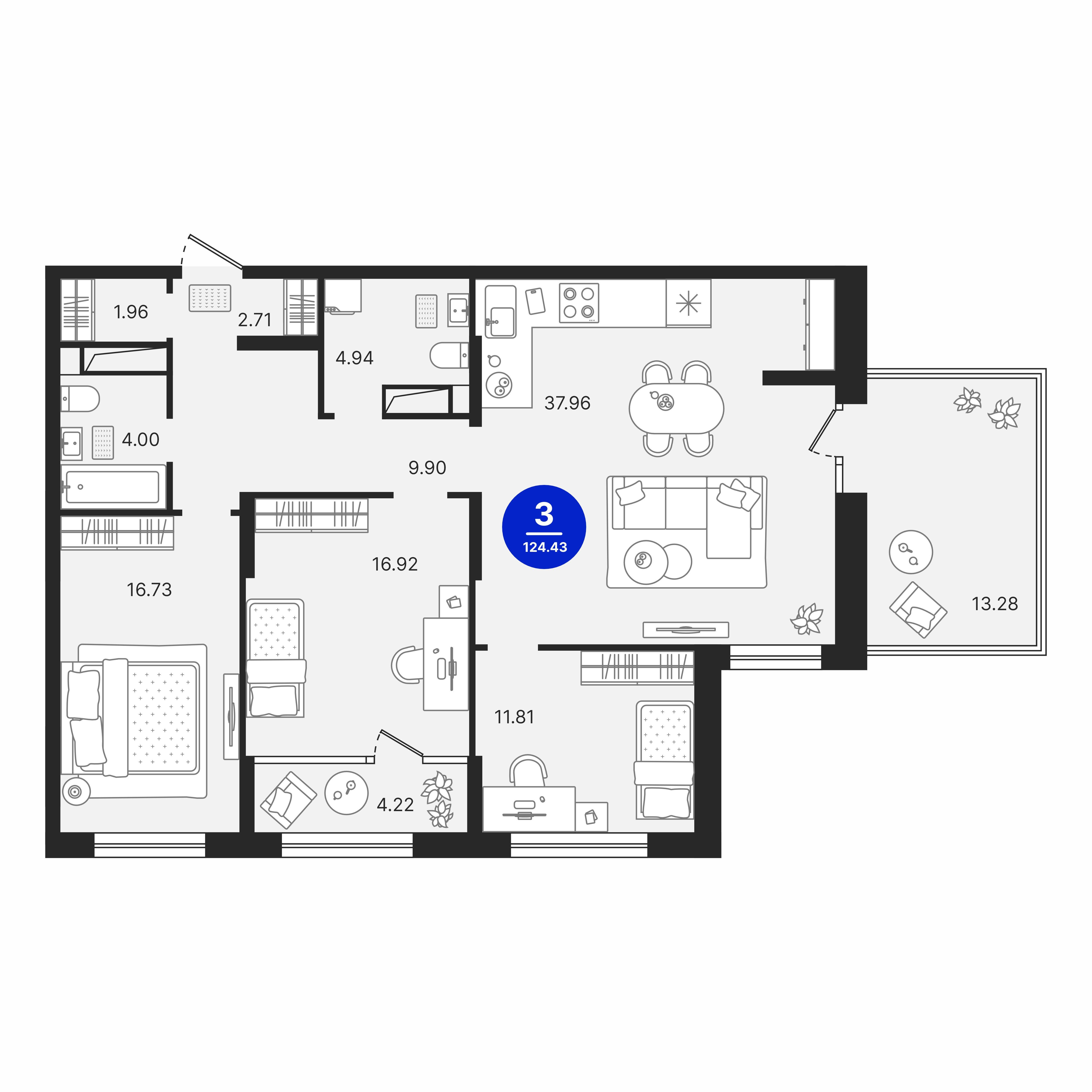 3-комнатная 111 м2 в ЖК Северное Сияние корпус null этаж 3