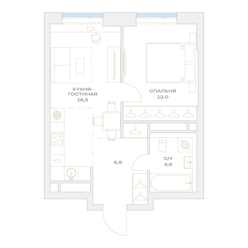 2-комнатная 40 м2 в ЖК Детали корпус null этаж 8