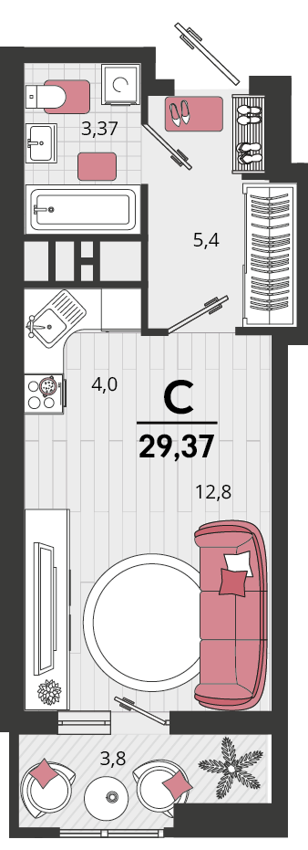 Студия 29 м2 в ЖК Родные просторы корпус null этаж 5