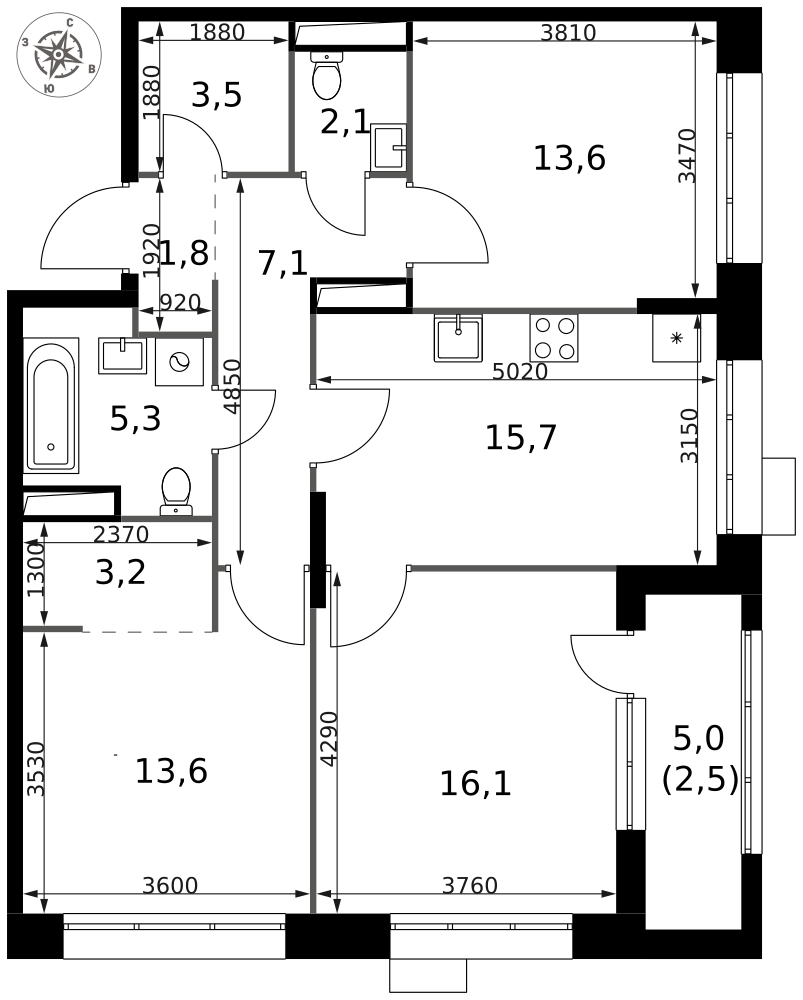 3-комнатная 84 м2 в ЖК 1-й Саларьевский корпус null этаж 19