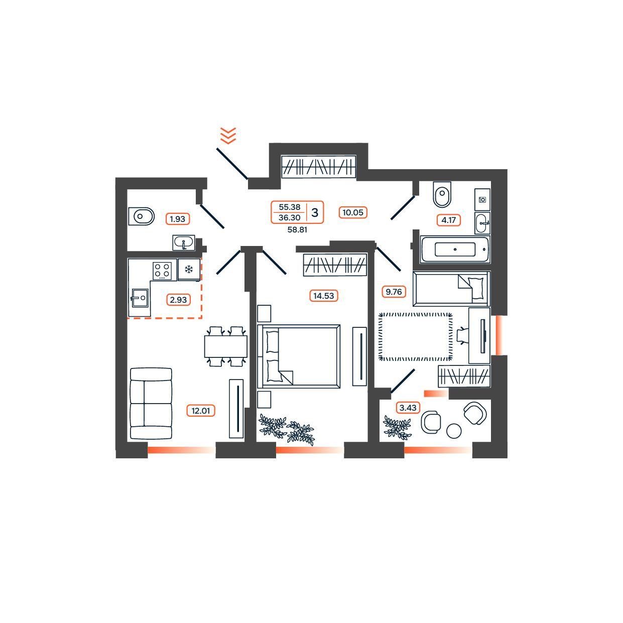 3-комнатная 58 м2 в ЖК Темп корпус null этаж 11