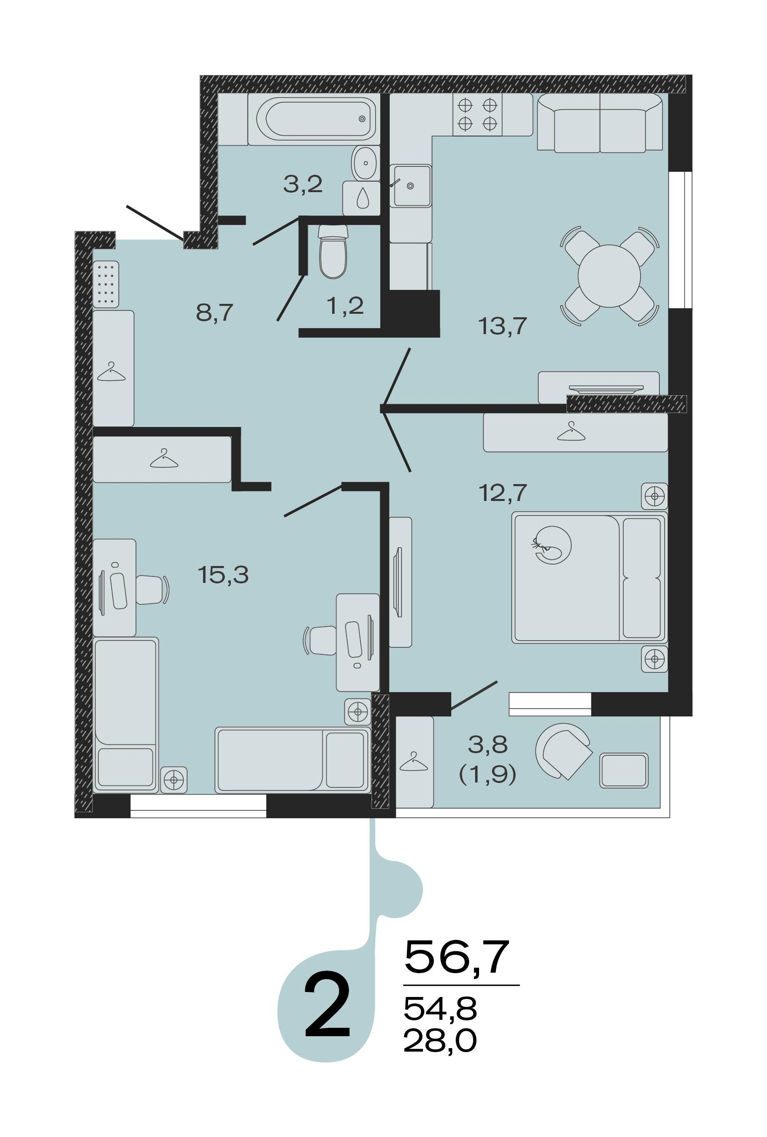 2-комнатная 56 м2 в ЖК ЭВО корпус null этаж 2