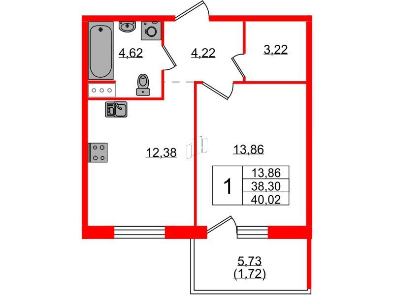 1-комнатная 39 м2 в ЖК IQ Гатчина корпус null этаж 1