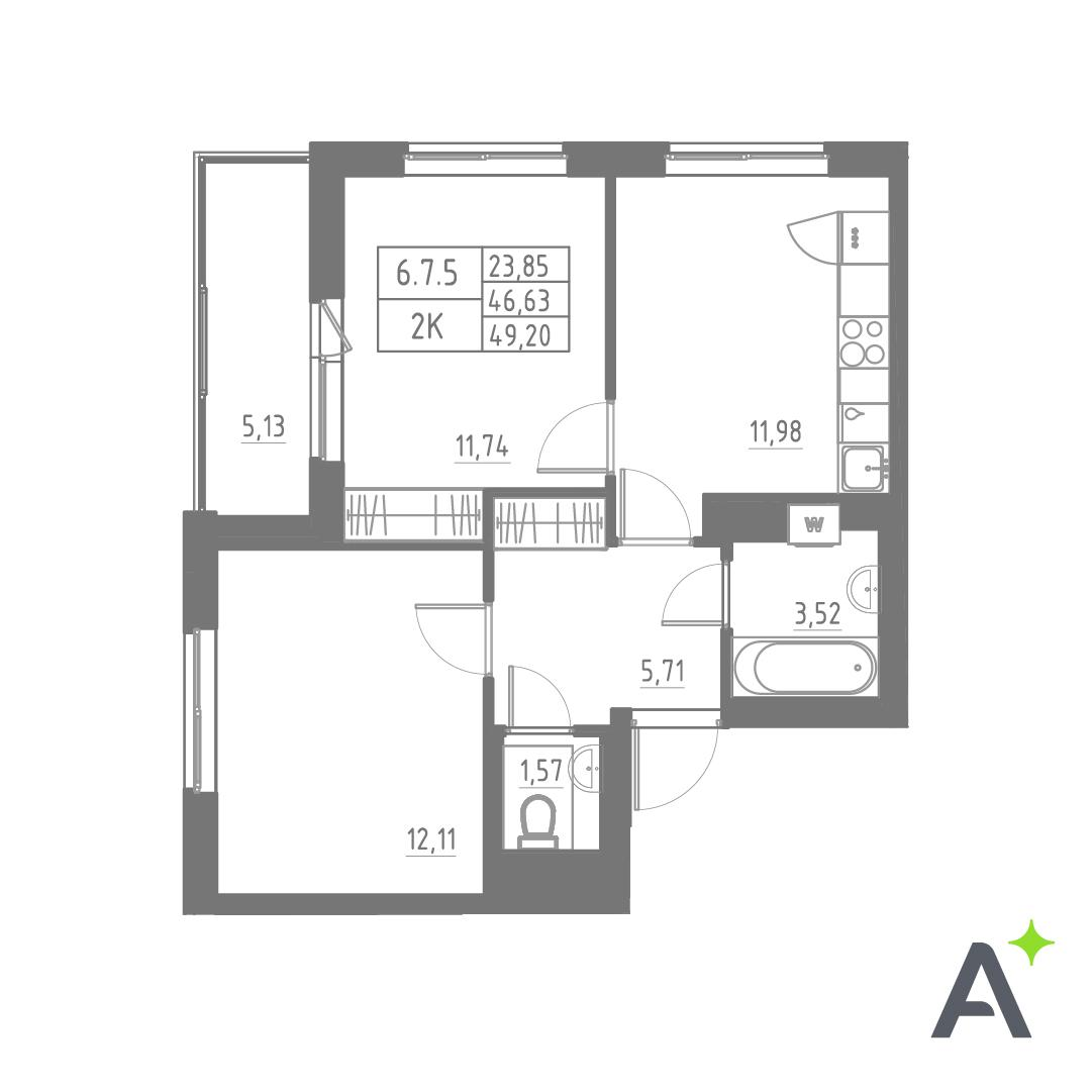 2-комнатная 49 м2 в ЖК Аквилон SOLAR корпус null этаж 8