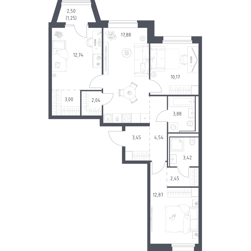 3-комнатная 77 м2 в ЖК Литературный Квартал корпус null этаж 2