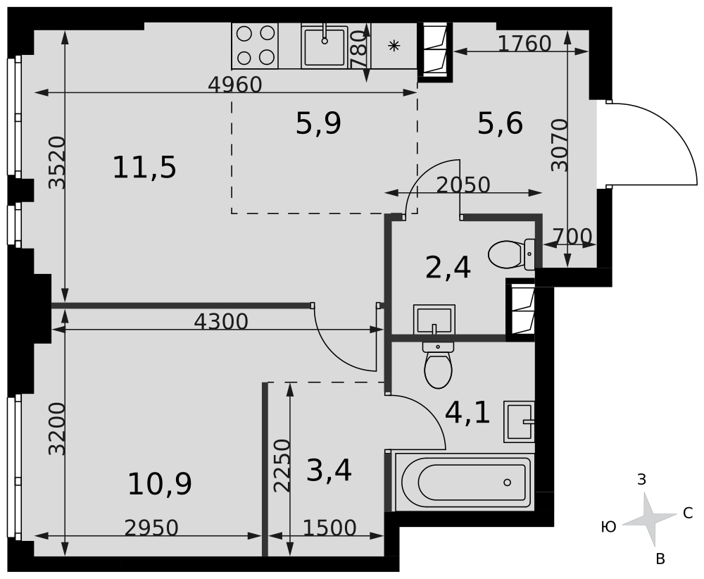 2-комнатная 43 м2 в ЖК Sydney City корпус null этаж 2