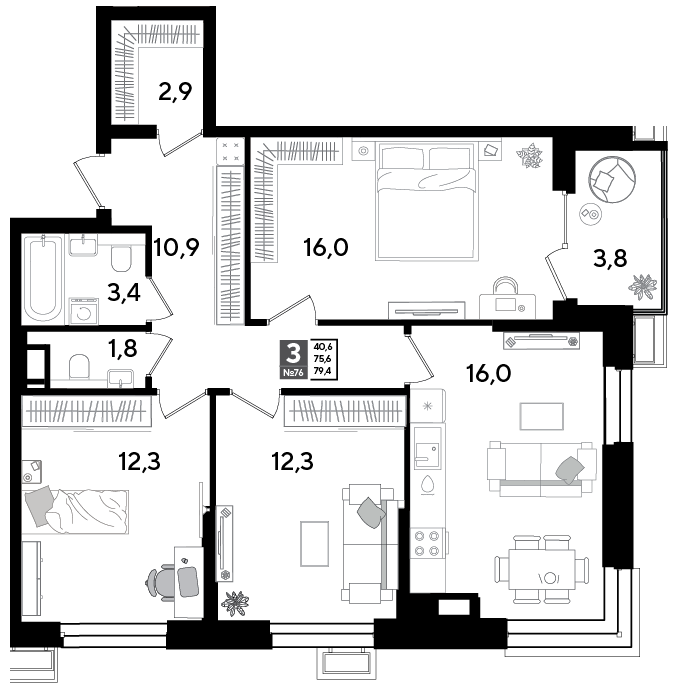 3-комнатная 78 м2 в ЖК Парк Победы 2 корпус null этаж 10