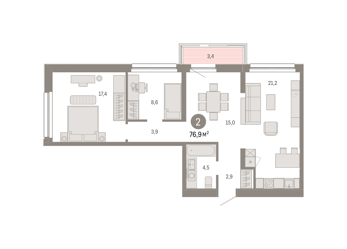2-комнатная 76 м2 в ЖК Квартал Нефть корпус null этаж 6