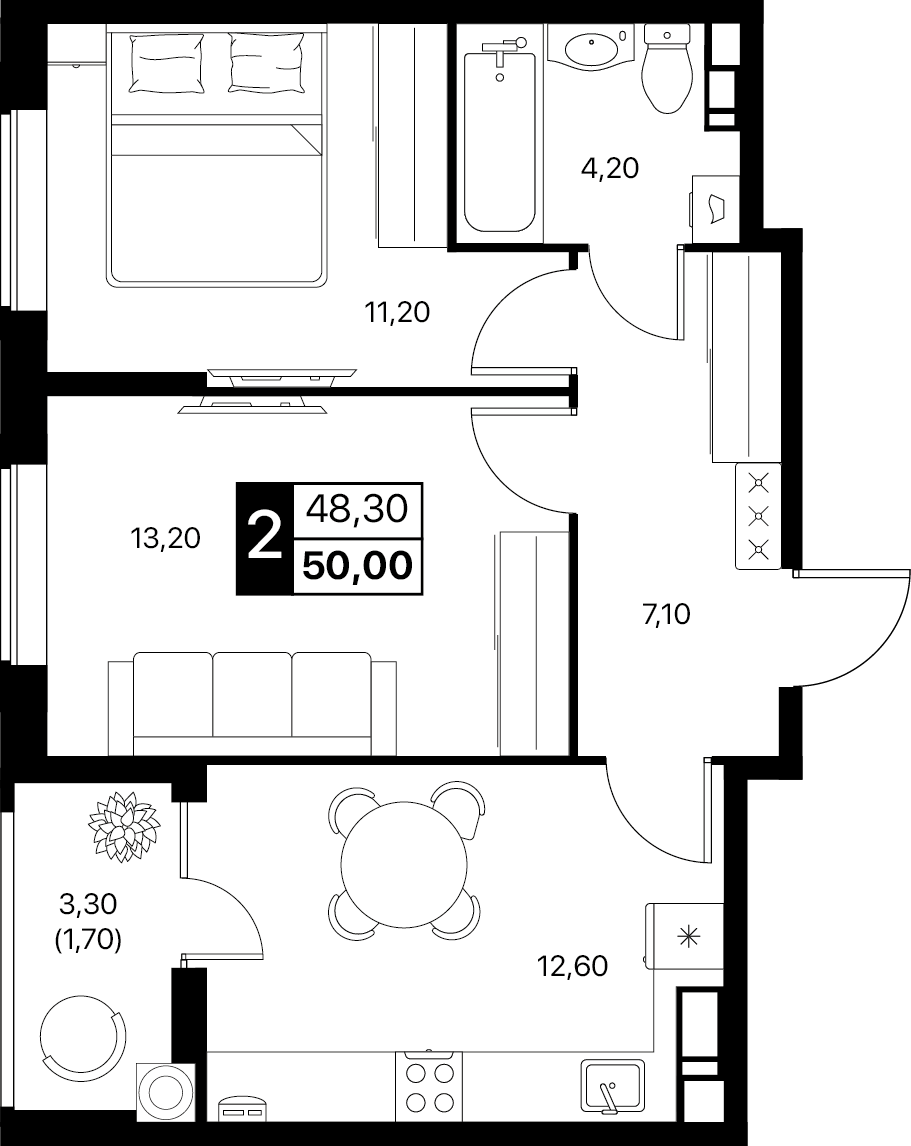 2-комнатная 50 м2 в ЖК Эстет корпус null этаж 10
