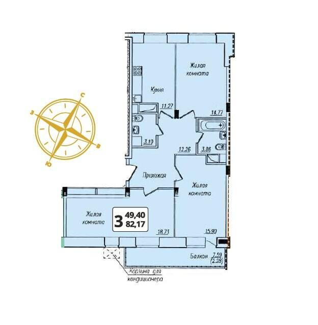 3-комнатная 82 м2 в ЖК ул. Рождественского Позиция 3 корпус null этаж 8