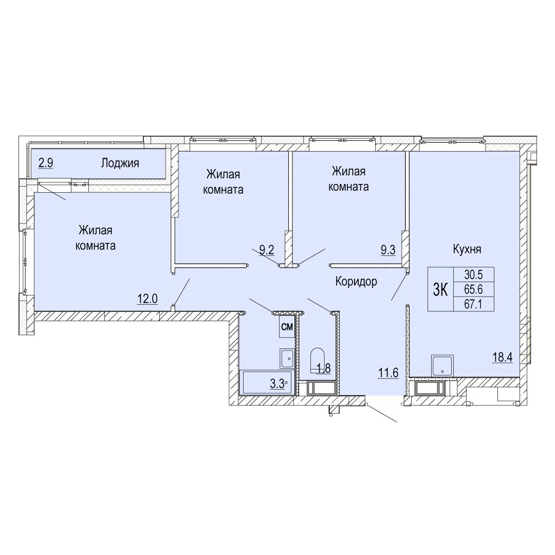 3-комнатная 67 м2 в ЖК Кузнечиха Город корпус null этаж 14