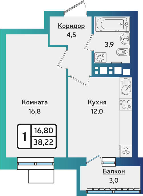 1-комнатная 38 м2 в ЖК ARTNOVA корпус null этаж 10
