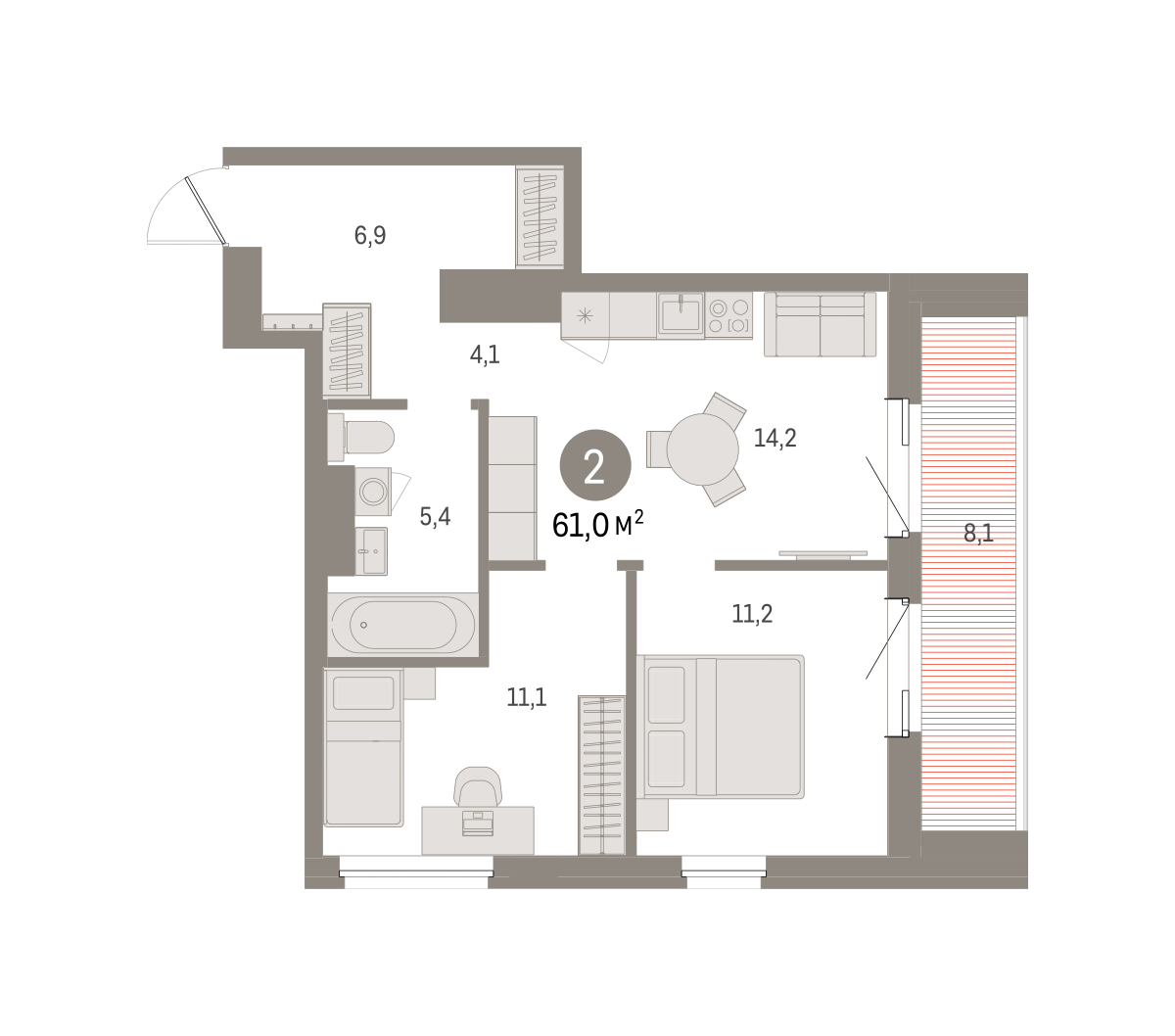 2-комнатная 61 м2 в ЖК Северный ветер корпус null этаж 2