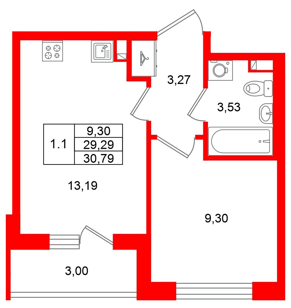 1-комнатная 29 м2 в ЖК Univer City корпус null этаж 2