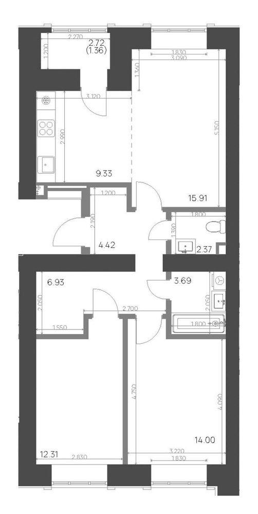 3-комнатная 70 м2 в ЖК Калина корпус null этаж 8