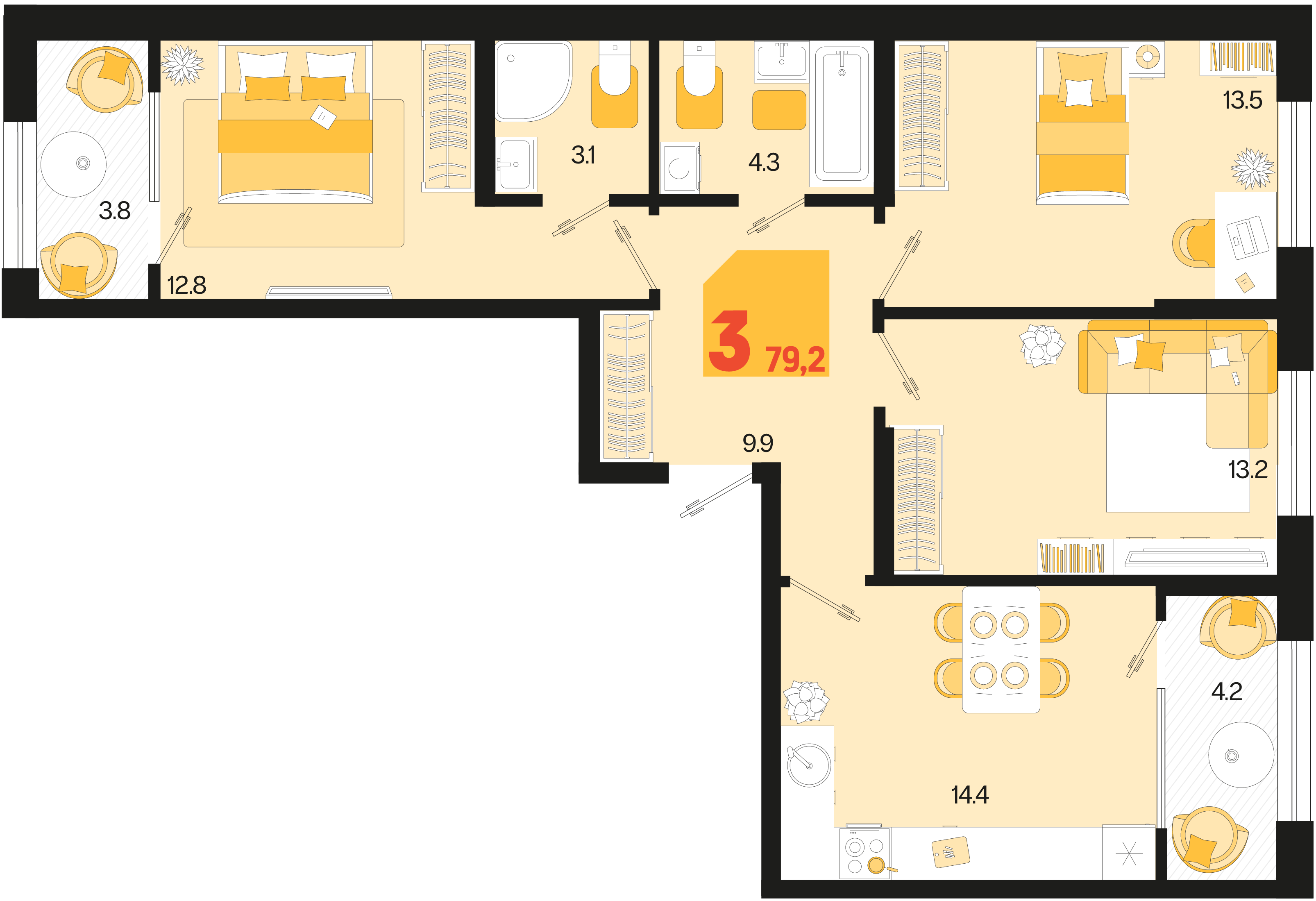 3-комнатная 79 м2 в ЖК Первое место корпус null этаж 2