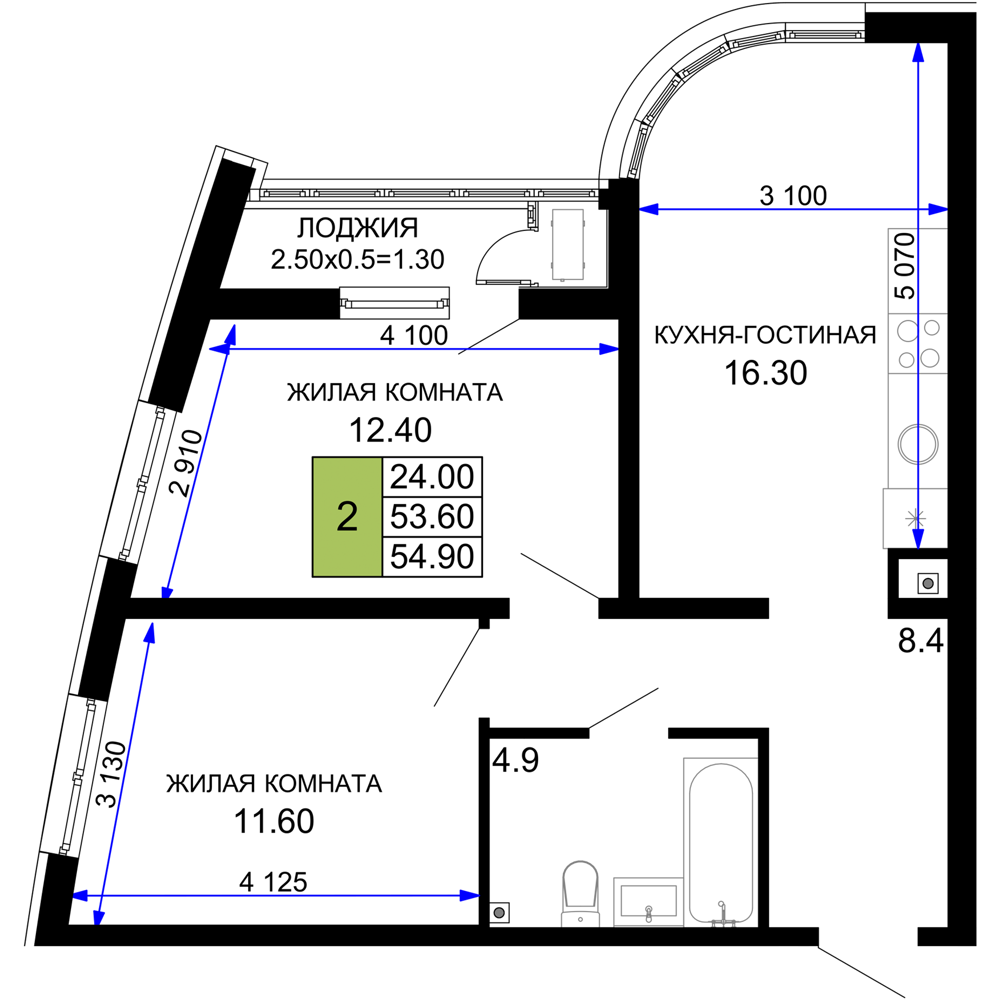 2-комнатная 54 м2 в ЖК Фонтаны корпус null этаж 2