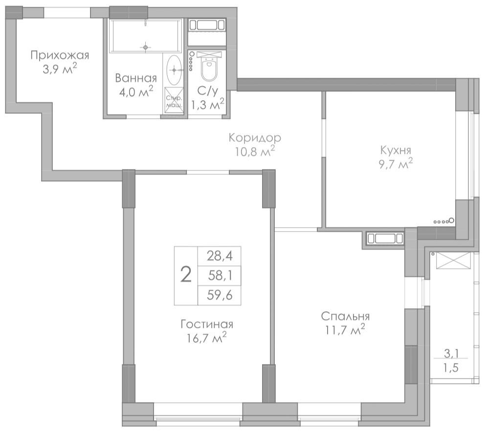 2-комнатная 59.6 м2 в ЖК undefined корпус null этаж 3
