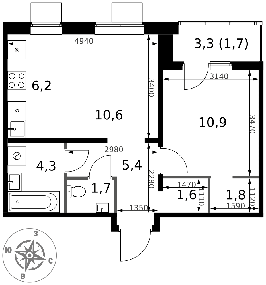 2-комнатная 44 м2 в ЖК 1-й Ясеневский корпус null этаж 17